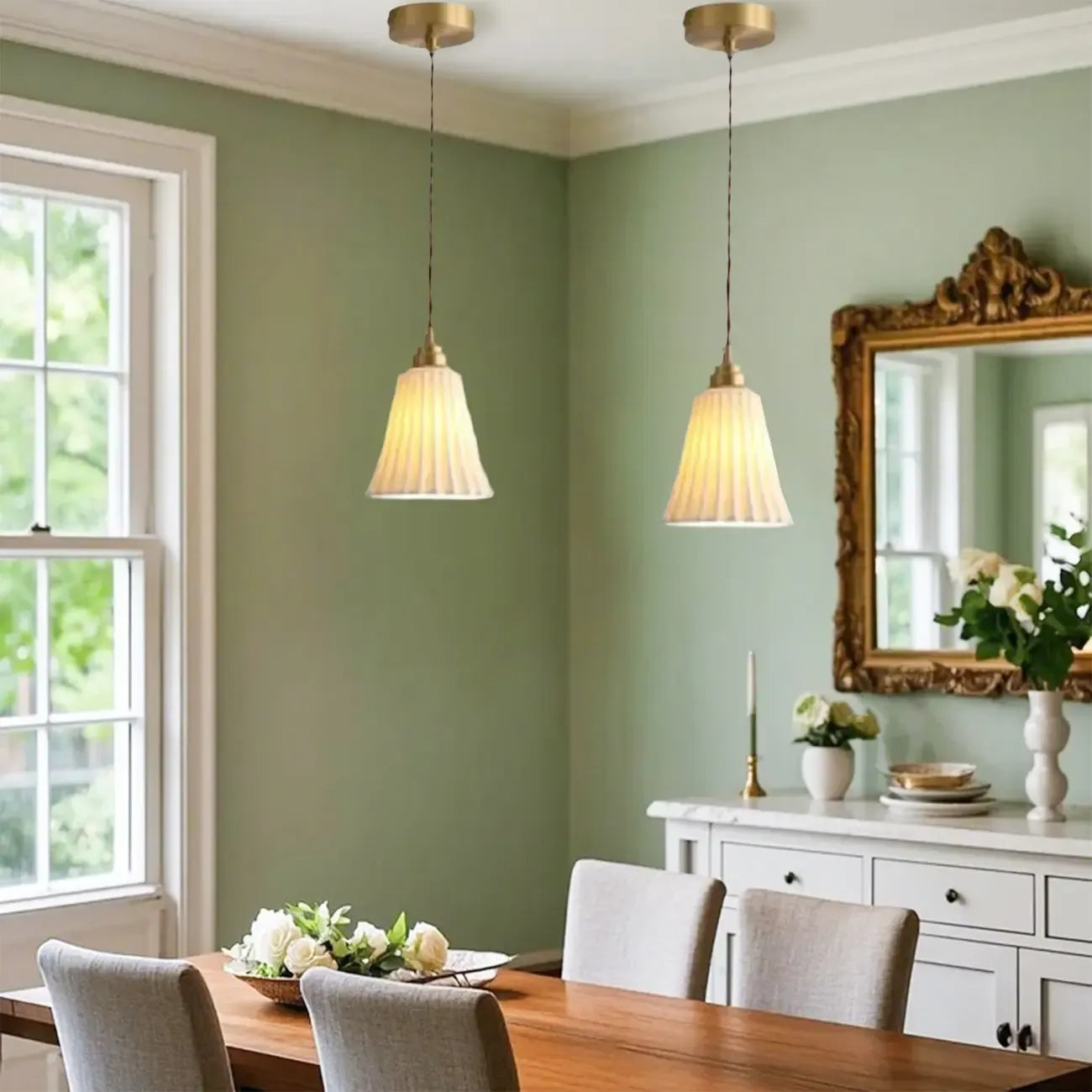 Elegant Cylinder Lampshade White Ceramic Pendant Lamp for Bedroom