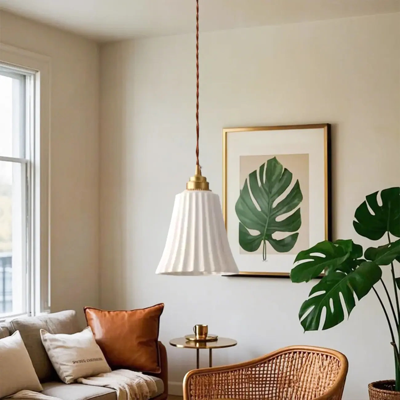 Elegant Cylinder Lampshade White Ceramic Pendant Lamp for Bedroom