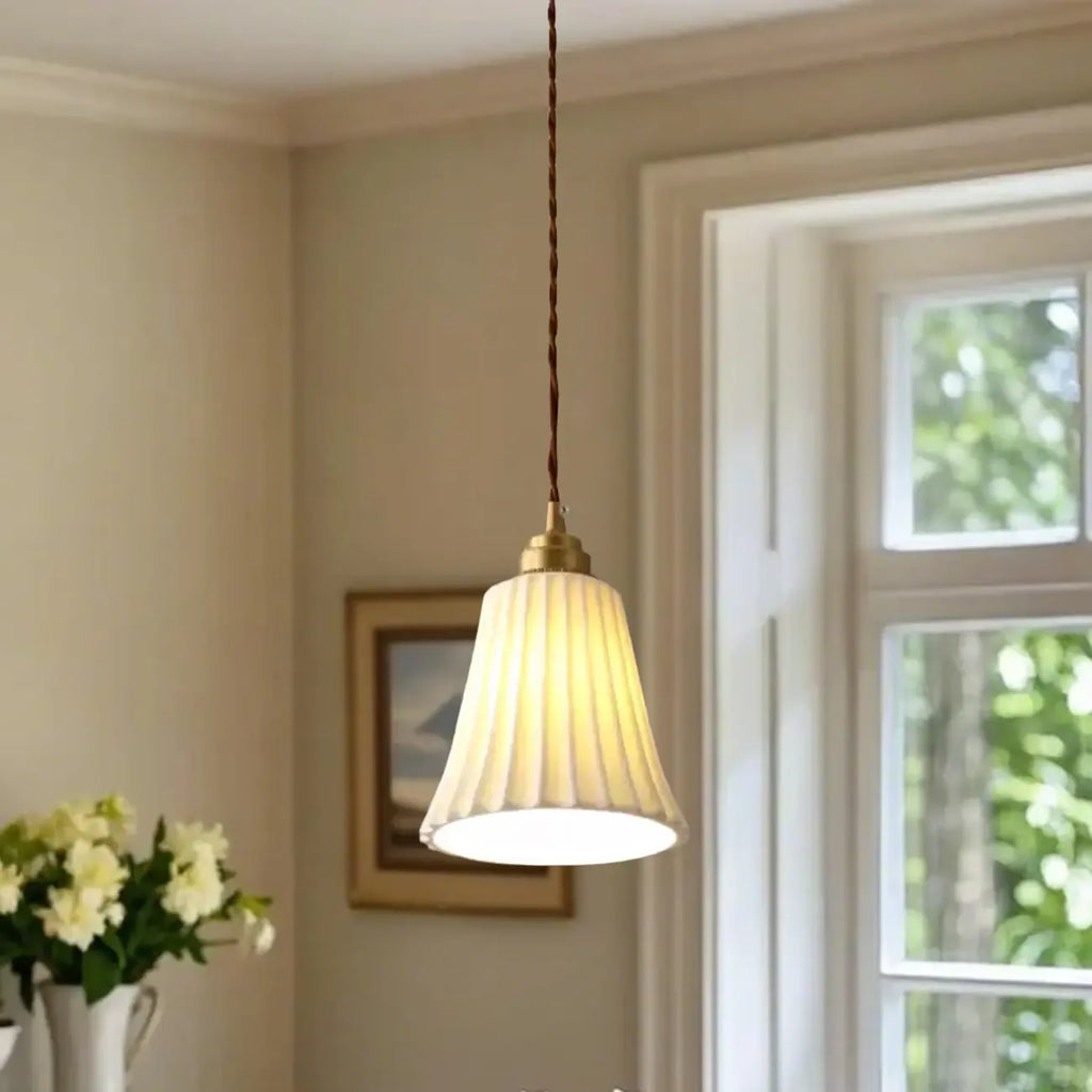 Elegant Cylinder Lampshade White Ceramic Pendant Lamp for Bedroom