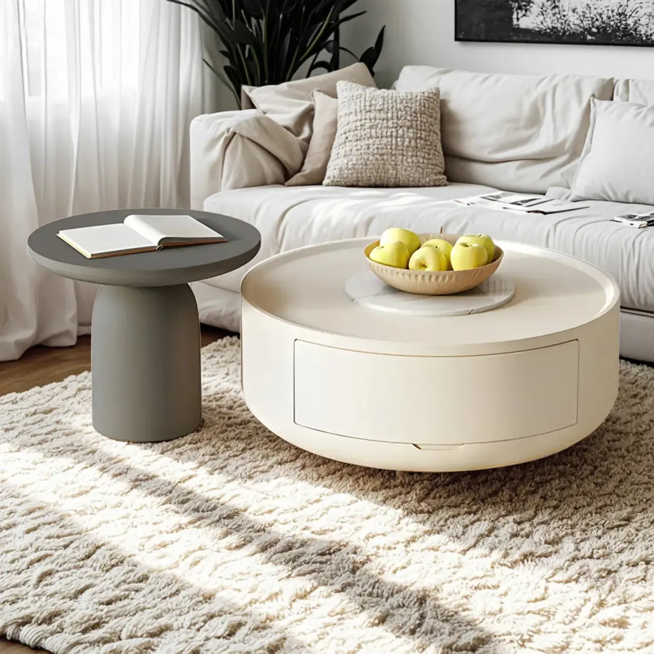 White Round Modern Drum Wood Coffee Table
