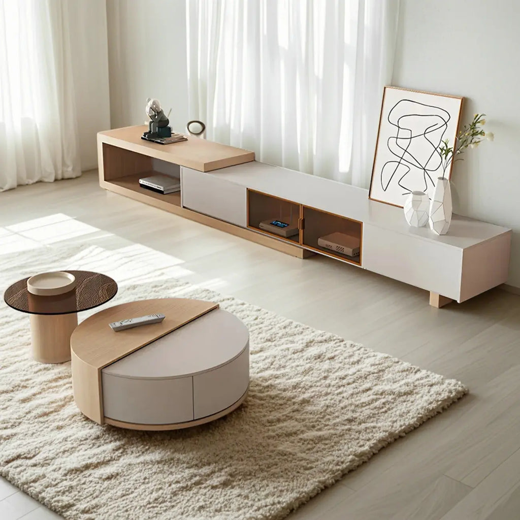 Natural Round Nordic Wood Coffee Table with Storage