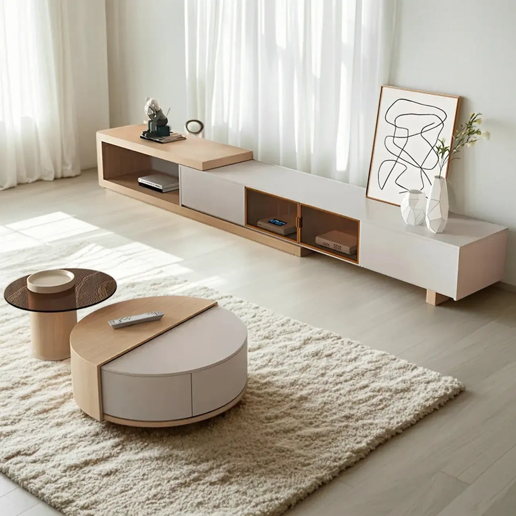 Natural Round Nordic Wood Coffee Table with Storage