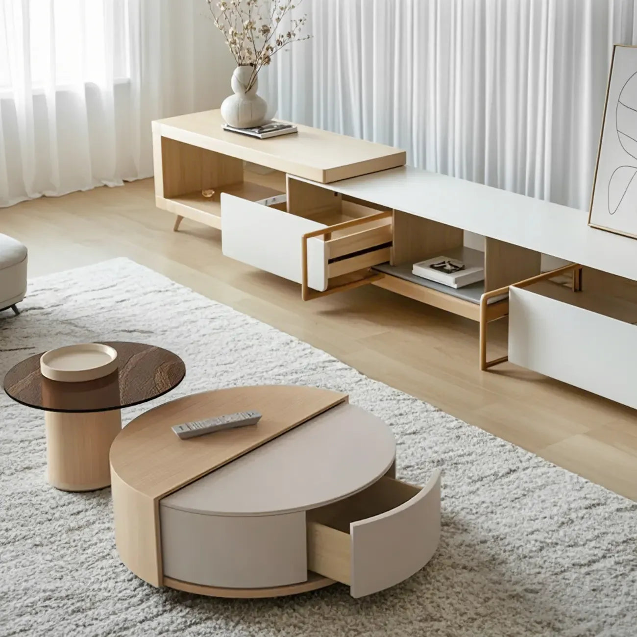 Natural Round Nordic Wood Coffee Table with Storage