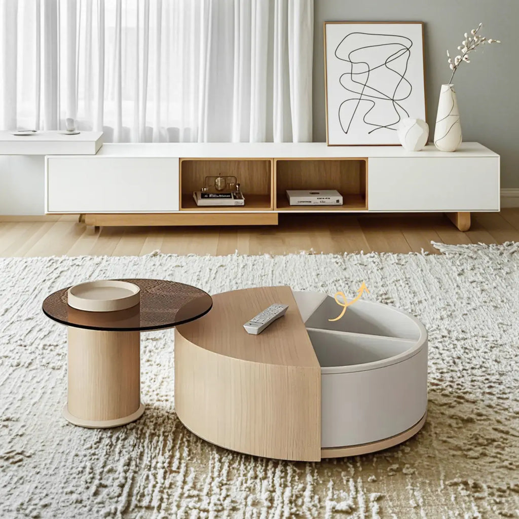 Natural Round Nordic Wood Coffee Table with Storage