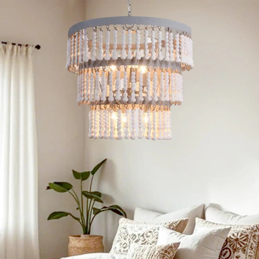 3 Tiers White Wood Beaded Chandelier with Elegant Design