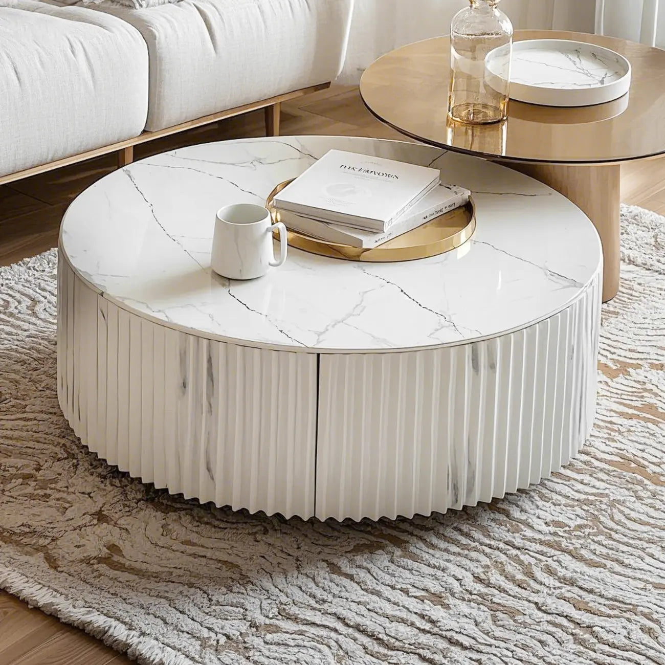 White Drum Round Wood Coffee Table with Storage