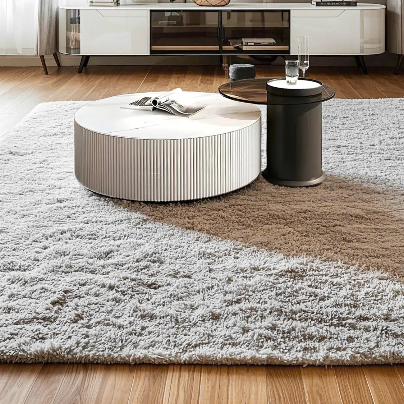 White Drum Round Wood Coffee Table with Storage