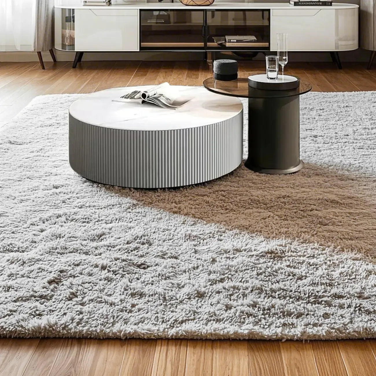 White Drum Round Wood Coffee Table with Storage