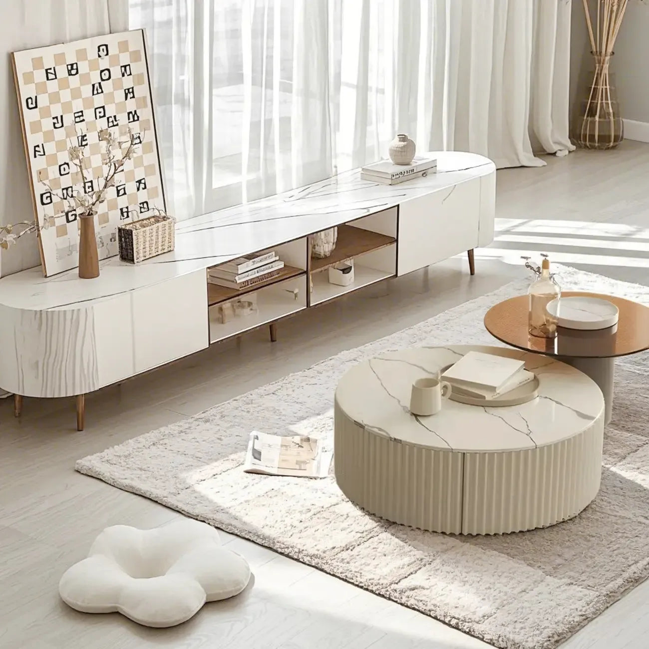 White Drum Round Wood Coffee Table with Storage