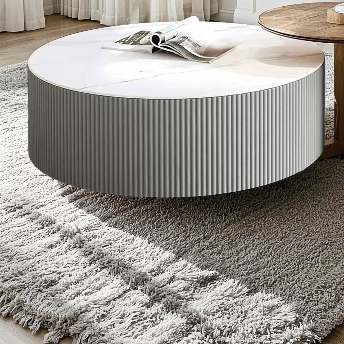 White Drum Round Wood Coffee Table with Storage