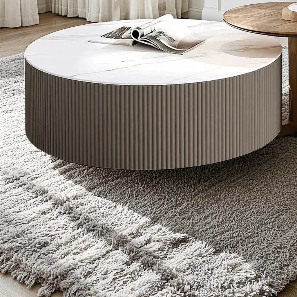 White Drum Round Wood Coffee Table with Storage