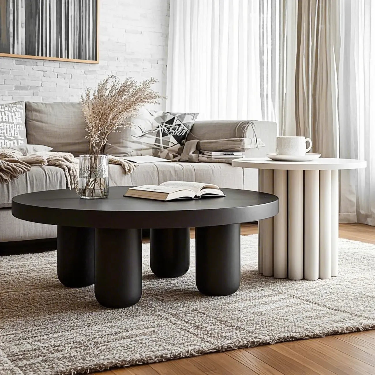 Black and White Minimalist Round Wood Coffee Table