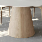 Simple White Stone Natural Wood Round Dining Table