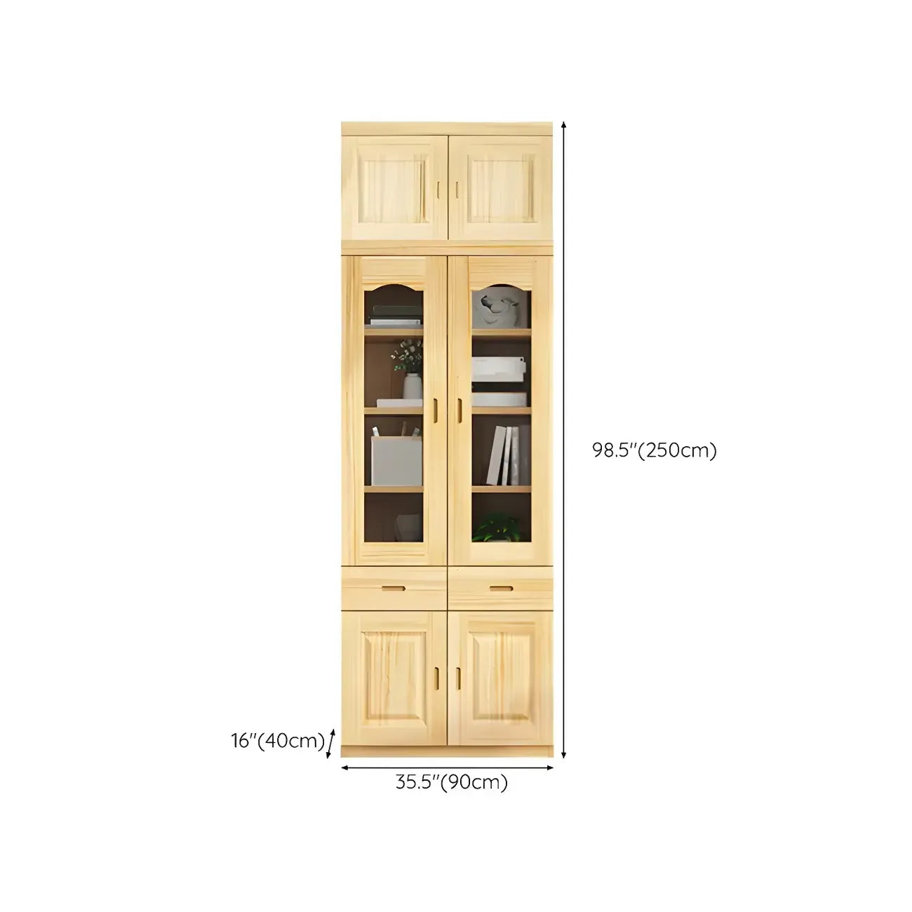 Antique Wood 5-Tier Glass Door Storage Bookcase