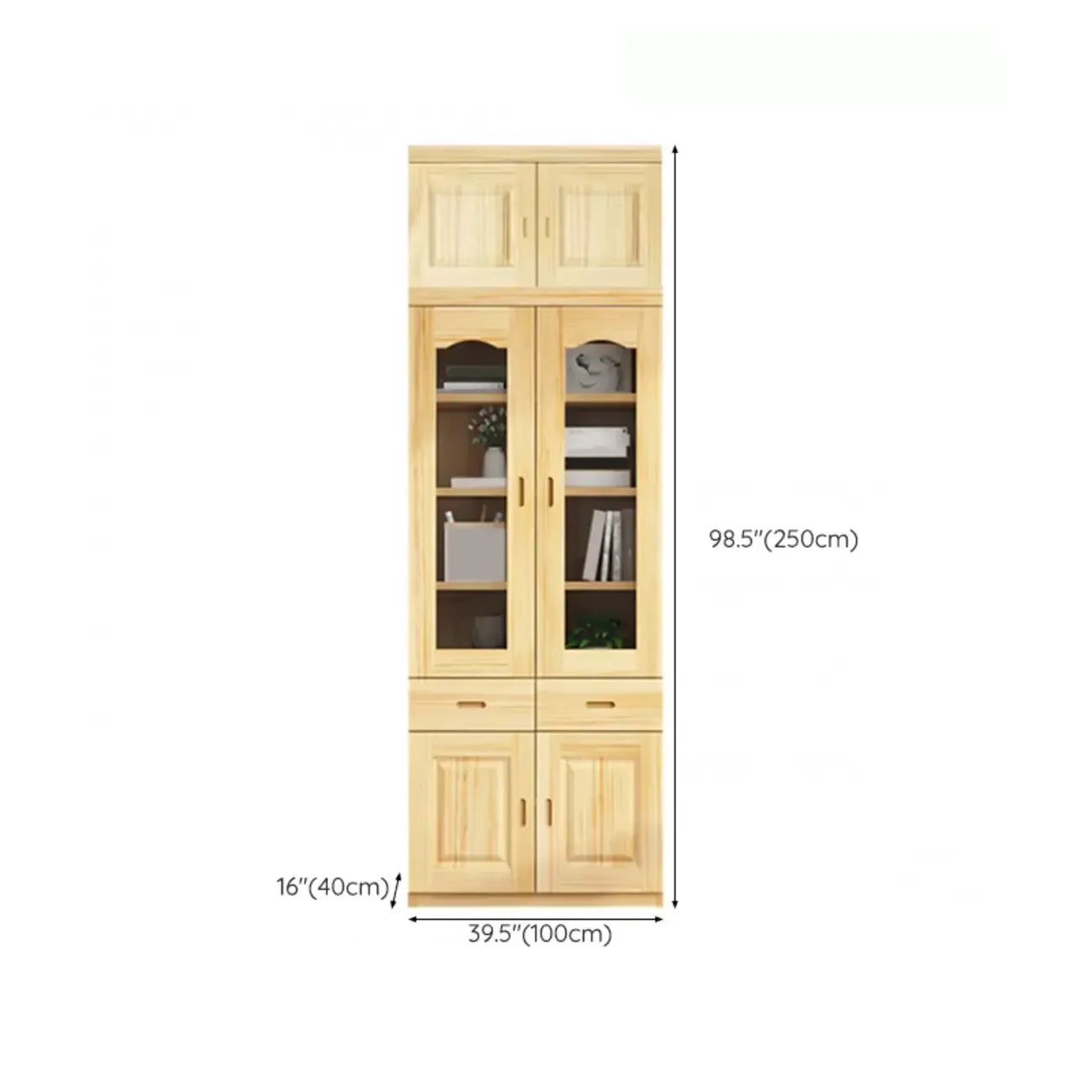 Antique Wood 5-Tier Glass Door Storage Bookcase