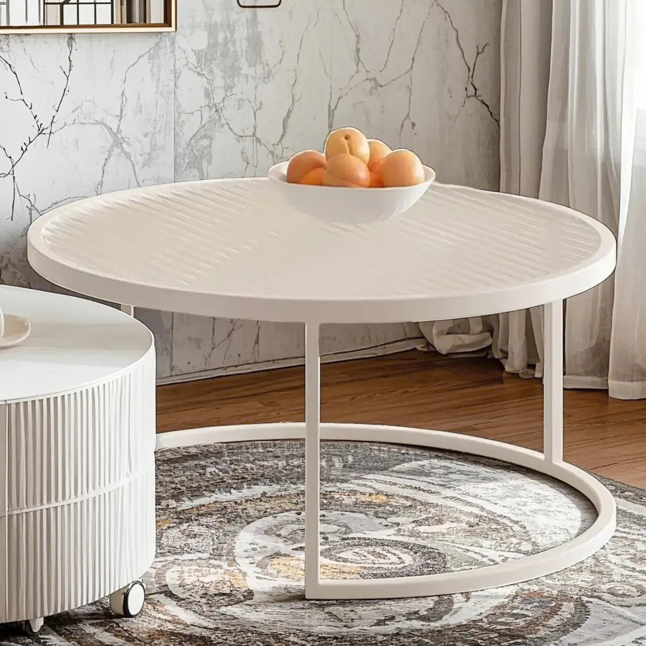 White Round Wheeled Round Wood Drawer Coffee Table