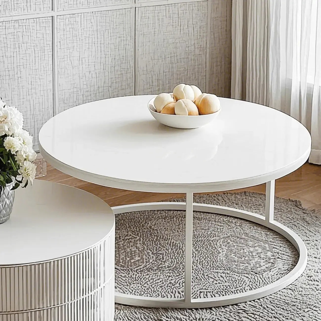 White Round Wheeled Round Wood Drawer Coffee Table