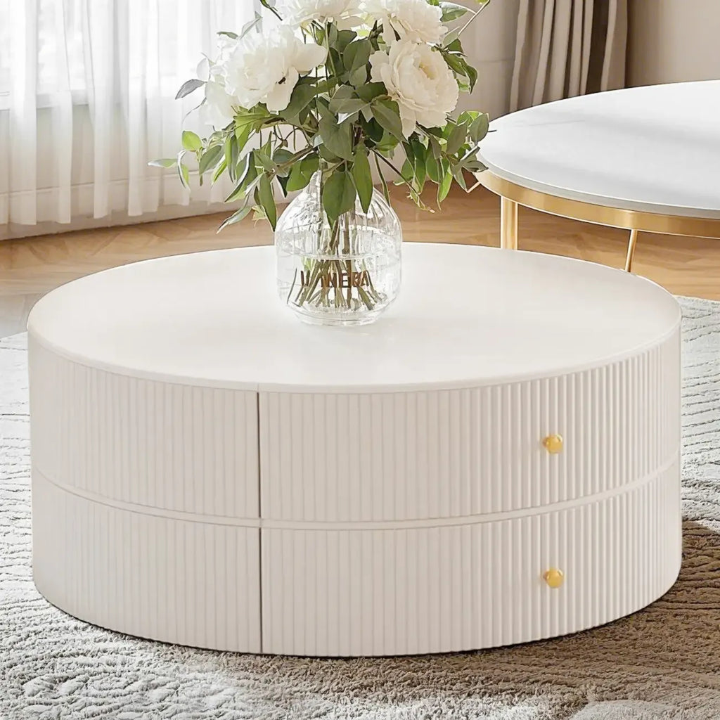 White Round Wheeled Round Wood Drawer Coffee Table