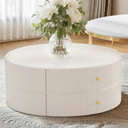 White Round Wheeled Round Wood Drawer Coffee Table