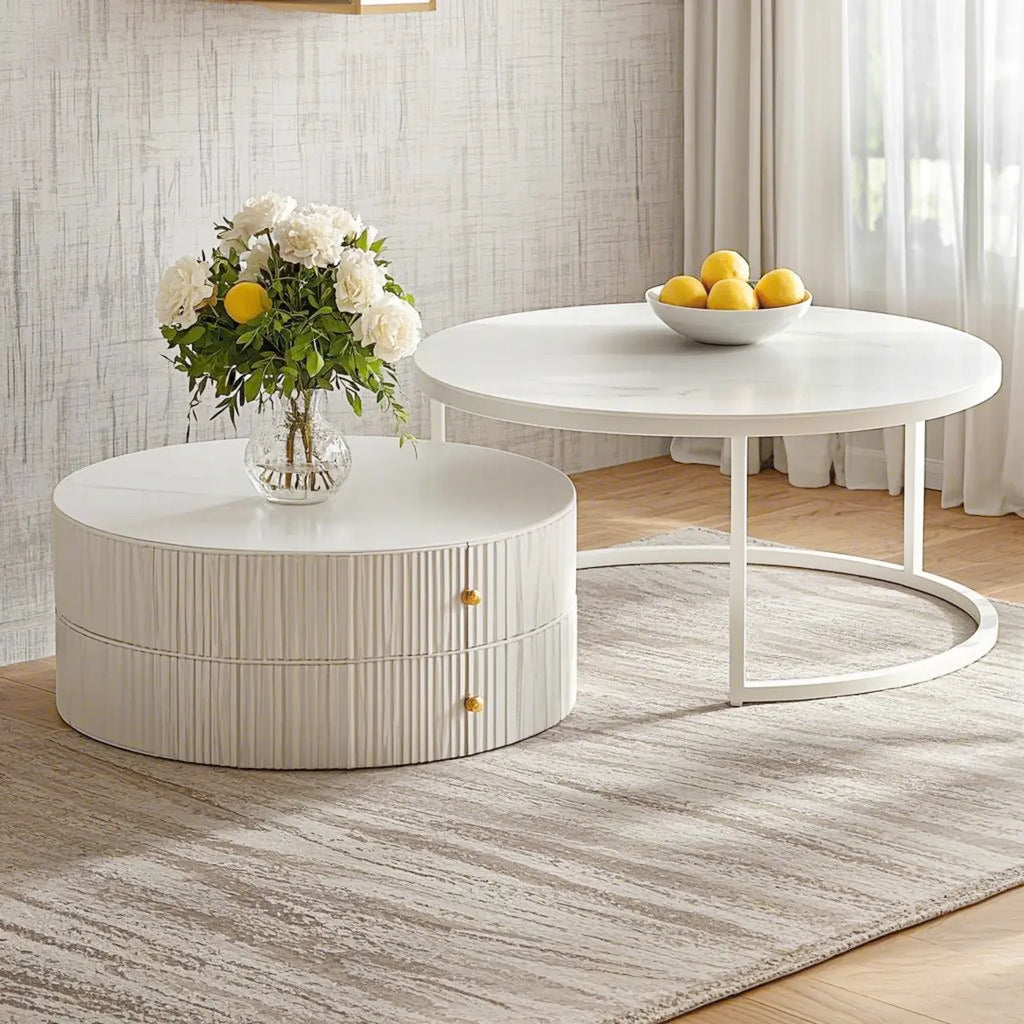 White Round Wheeled Round Wood Drawer Coffee Table