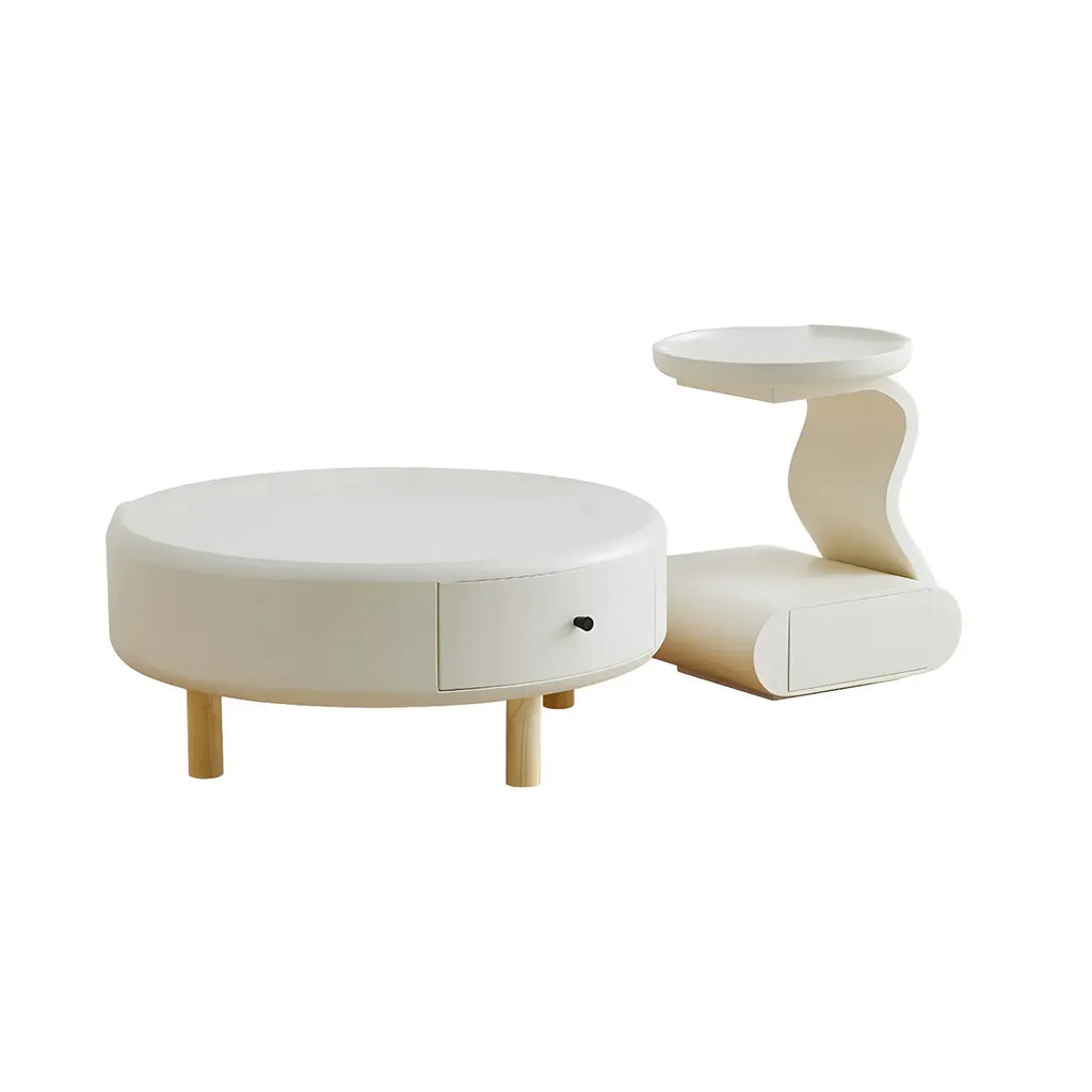White Round Elegant Modern Wood Drawer Coffee Table