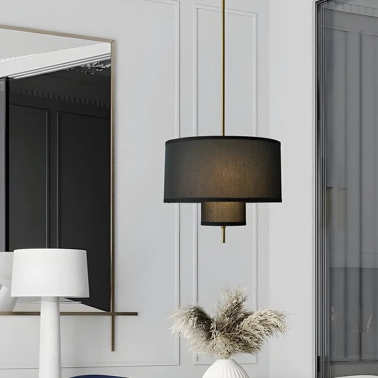 Modern Double Layer Fabric Drum Cylinder Chandelier Adjustable