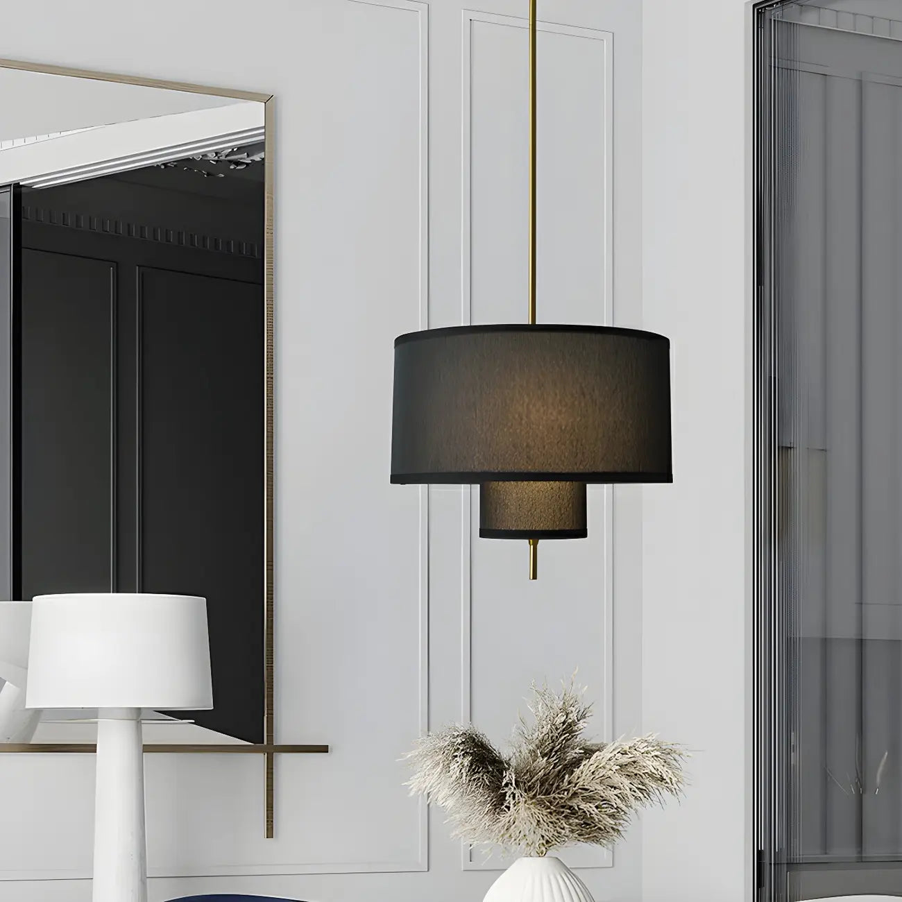 Modern Double Layer Fabric Drum Cylinder Chandelier Adjustable