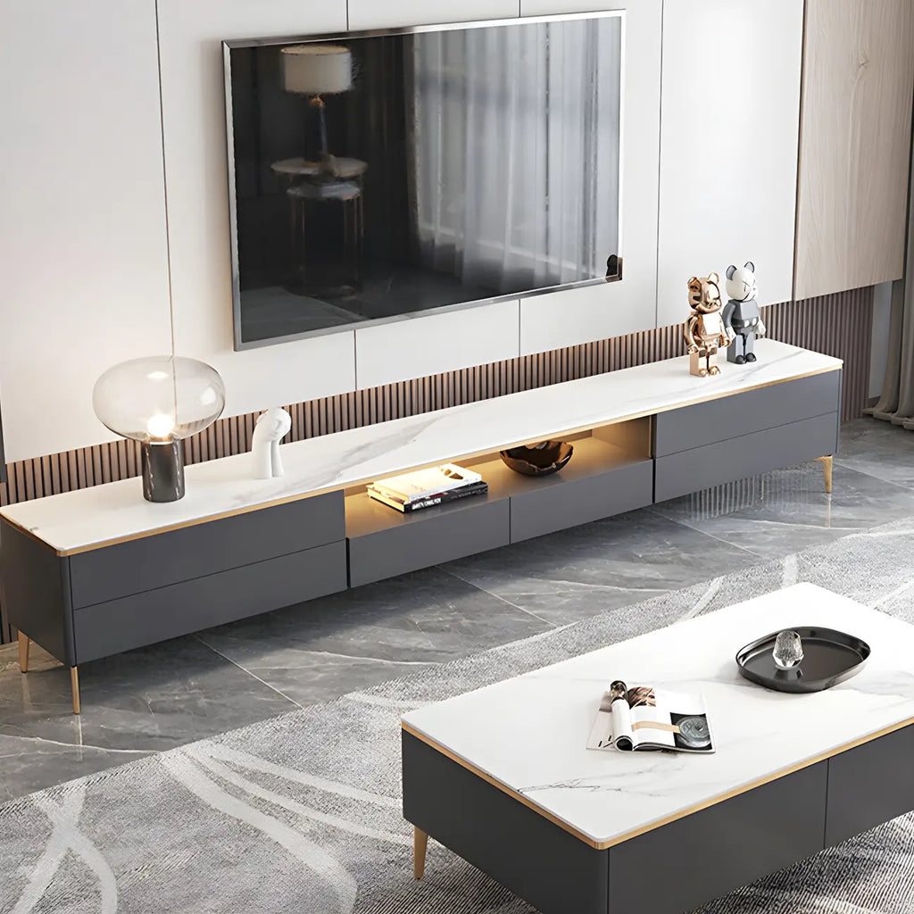 63 Elegant White Stone Top Storage TV Stand with LED Lights