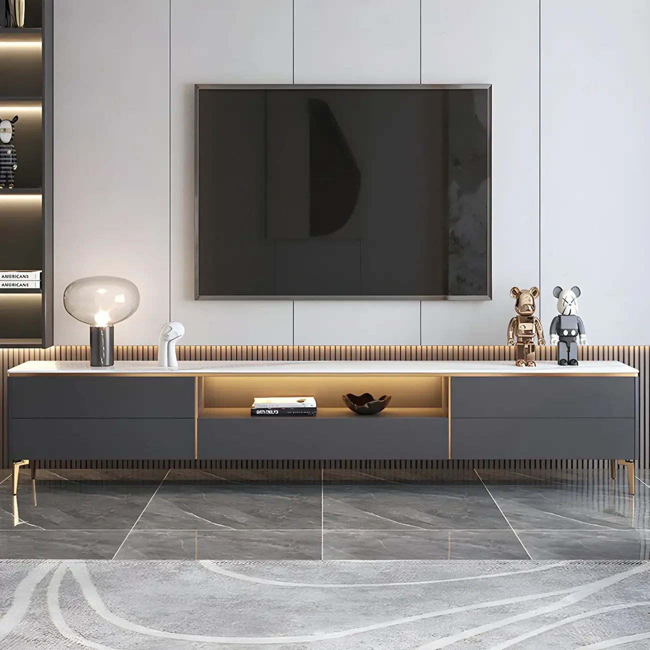 63 Elegant White Stone Top Storage TV Stand with LED Lights