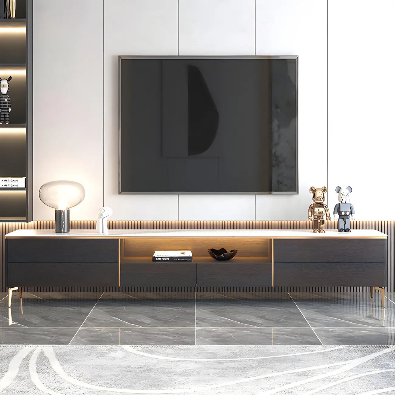 63 Elegant White Stone Top Storage TV Stand with LED Lights