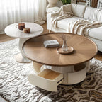 Metal Base Nesting Brown Wood Round Drawer Coffee Table