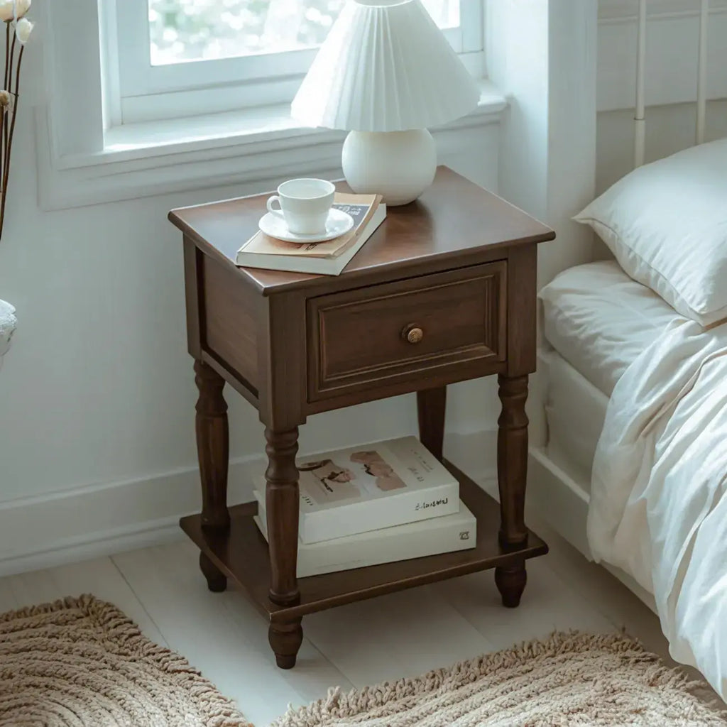 1-Drawer Brown Wood End Table for Small Space with Shelf