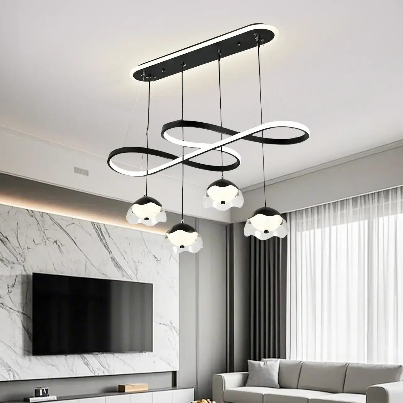 Adjustable 2 Tiers Black Metal 6-Light Dimming Pendant Light