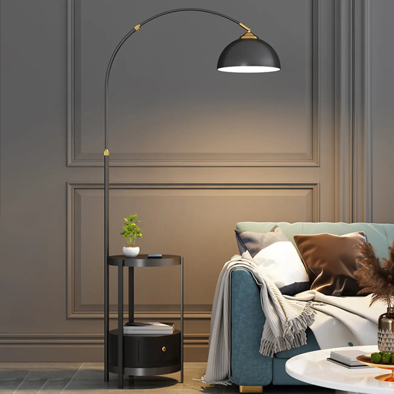 Modern Adjustable Height Metal Arc Floor Lamp with Storage Shelf