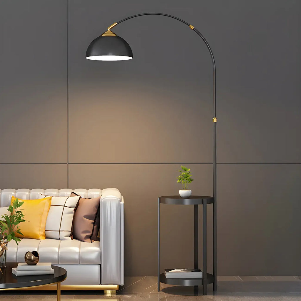 Modern Adjustable Height Metal Arc Floor Lamp with Storage Shelf