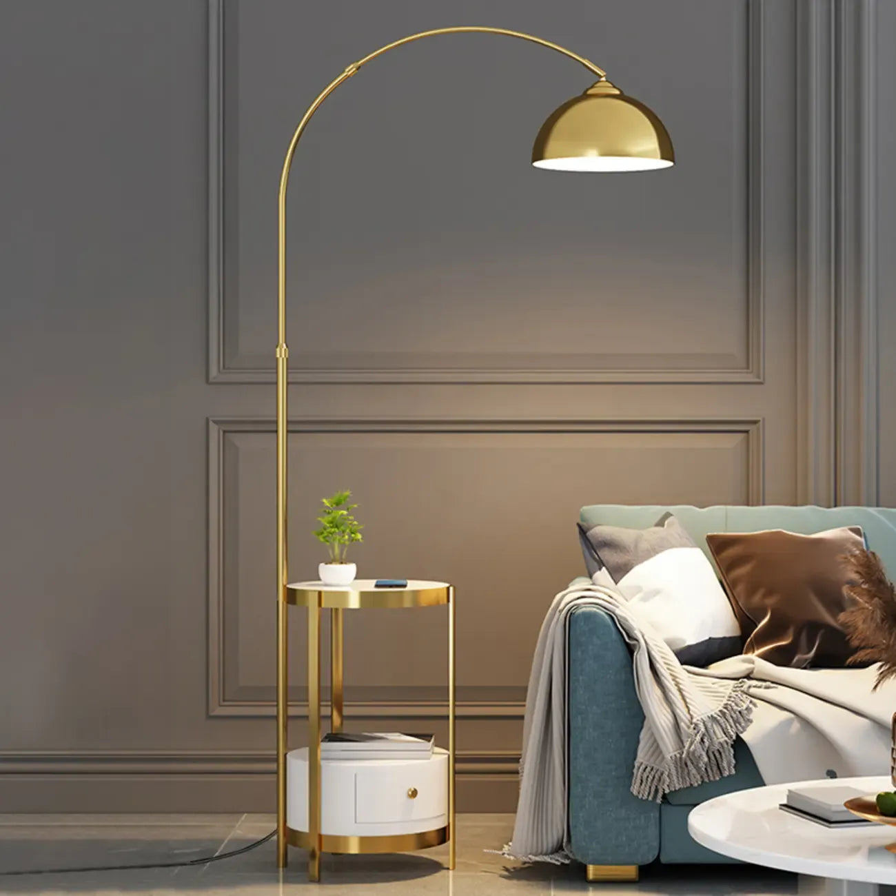 Modern Adjustable Height Metal Arc Floor Lamp with Storage Shelf