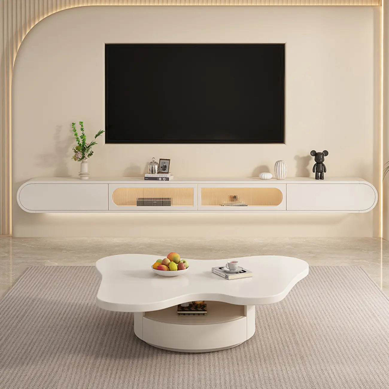 94.5 Beige Wood Floating Glass Doors TV Stand with LED Lights
