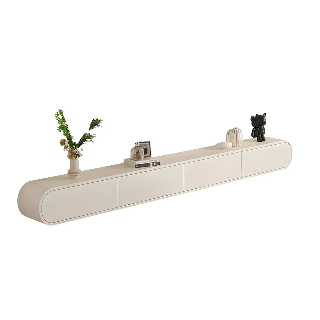 94.5 Beige Wood Floating Glass Doors TV Stand with LED Lights