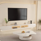 94.5 Beige Wood Floating Glass Doors TV Stand with LED Lights