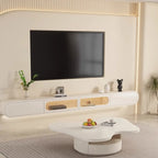 94.5 Beige Wood Floating Glass Doors TV Stand with LED Lights