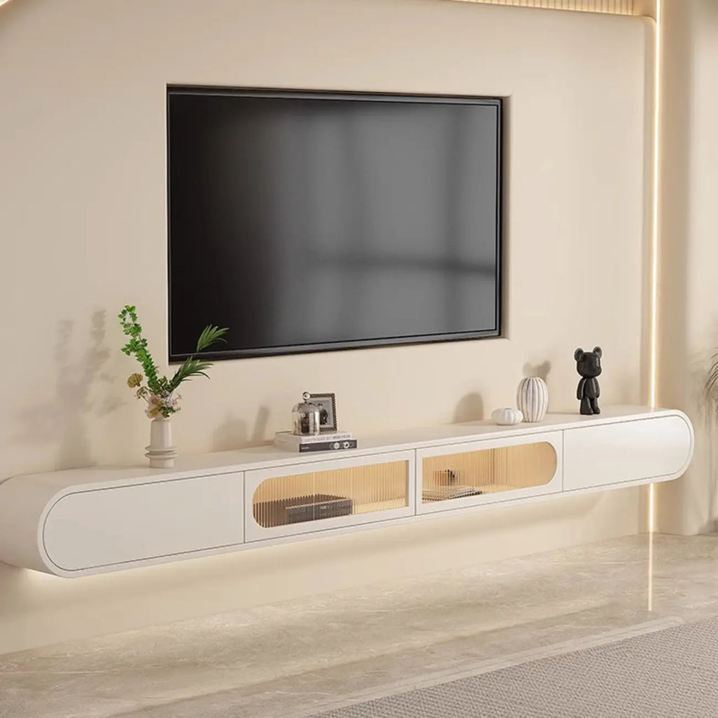 94.5 Beige Wood Floating Glass Doors TV Stand with LED Lights
