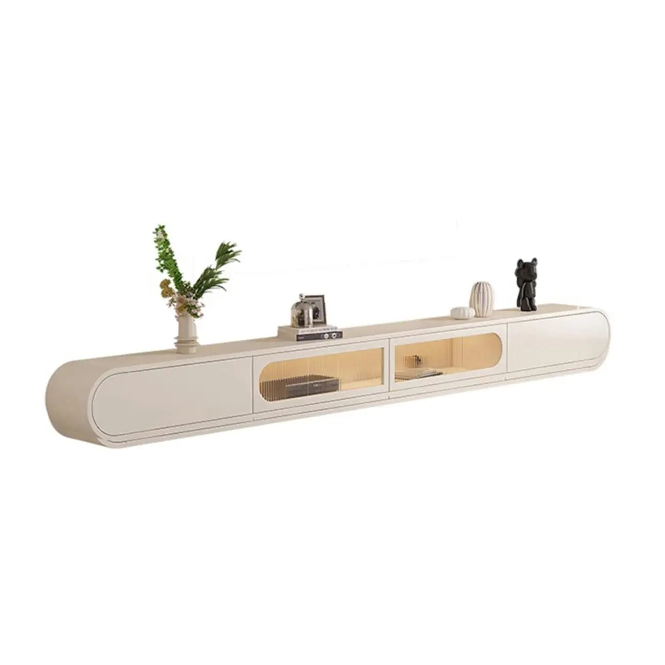 94.5 Beige Wood Floating Glass Doors TV Stand with LED Lights