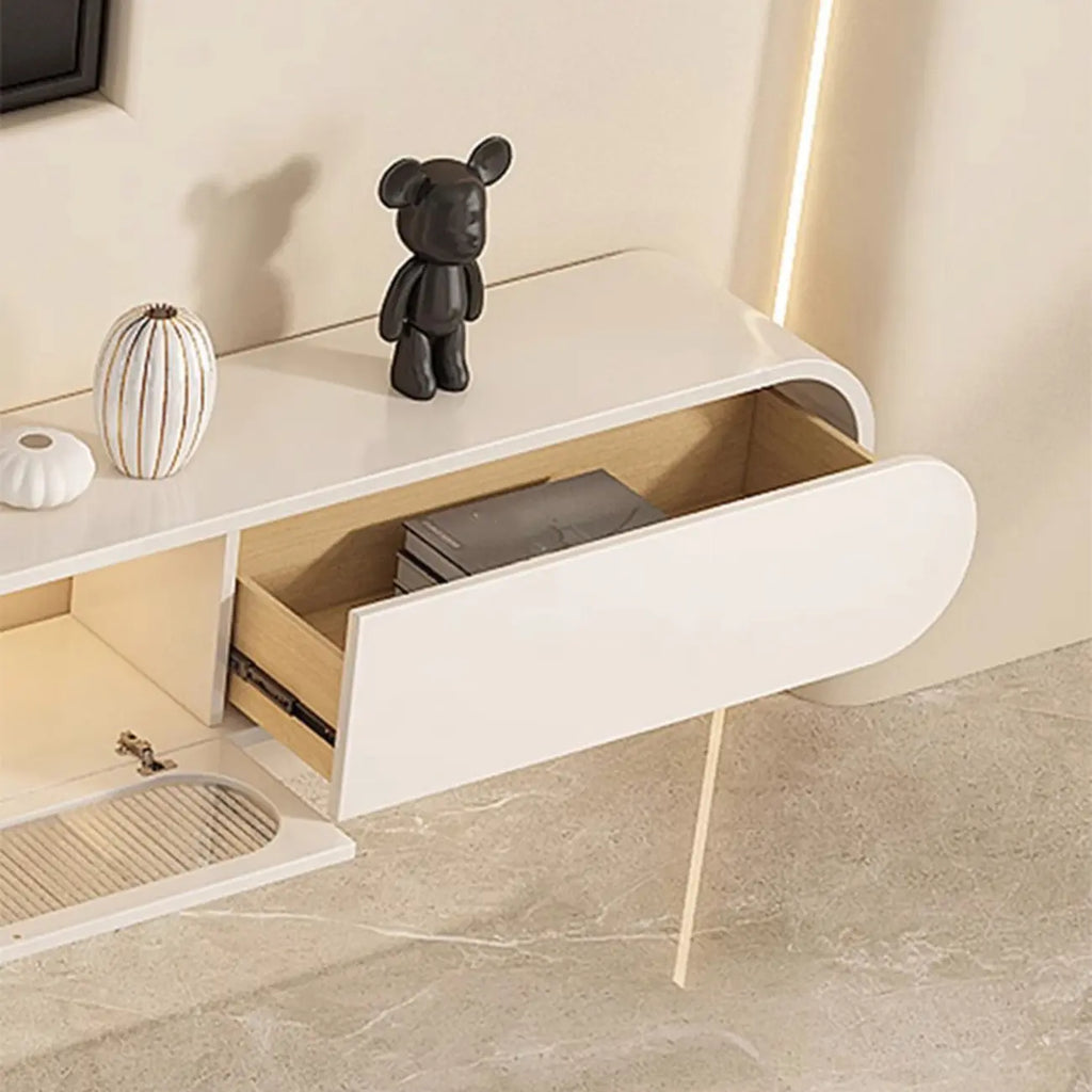 94.5 Beige Wood Floating Glass Doors TV Stand with LED Lights