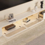 94.5 Beige Wood Floating Glass Doors TV Stand with LED Lights