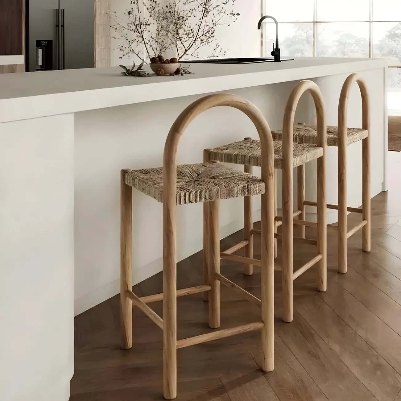 Rustic Wood Natural Rattan Bar Stool with Footrest