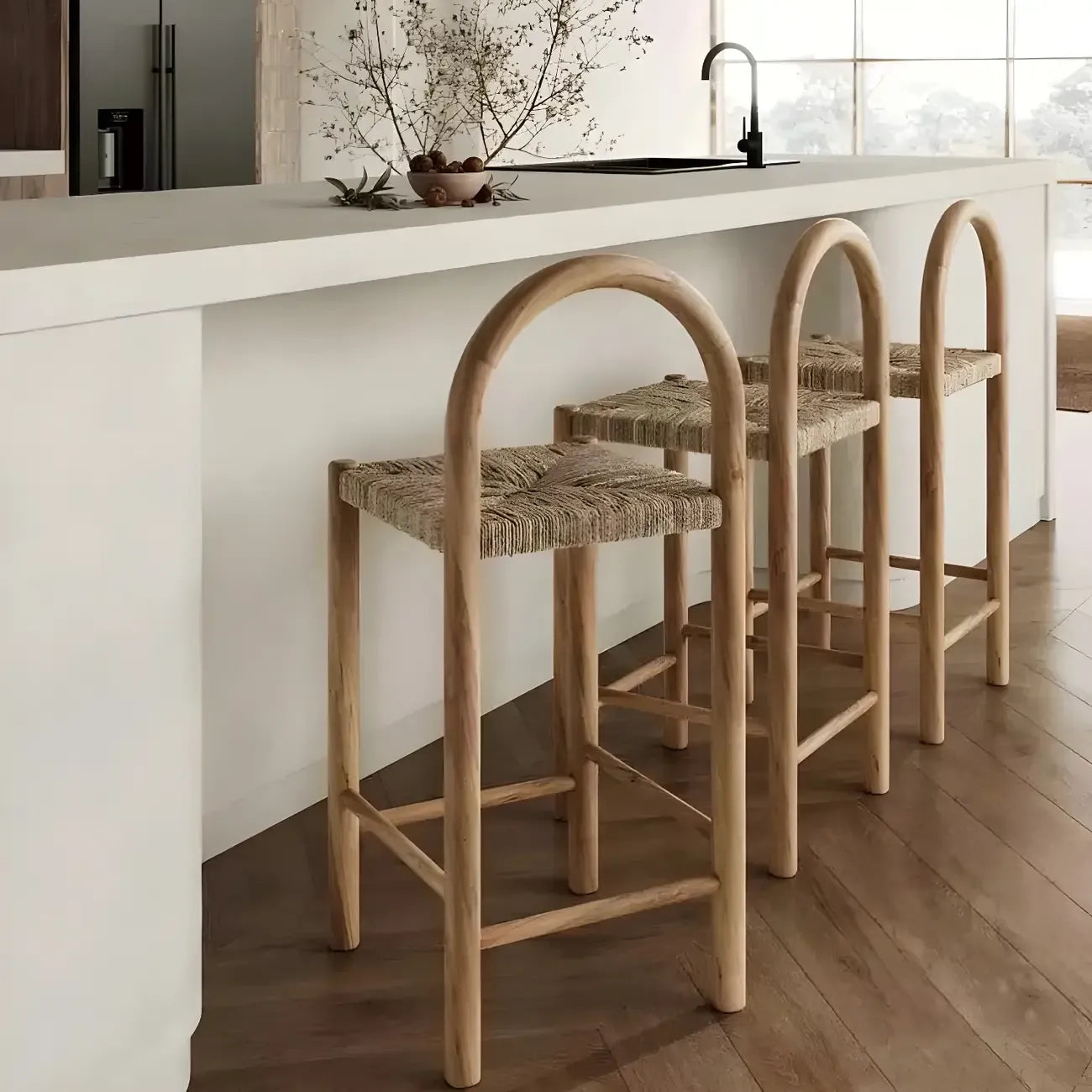 Rustic Wood Natural Rattan Bar Stool with Footrest