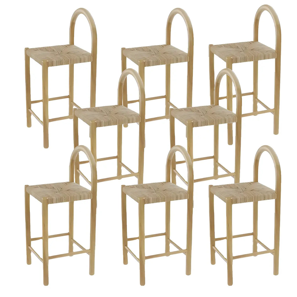Rustic Wood Natural Rattan Bar Stool with Footrest