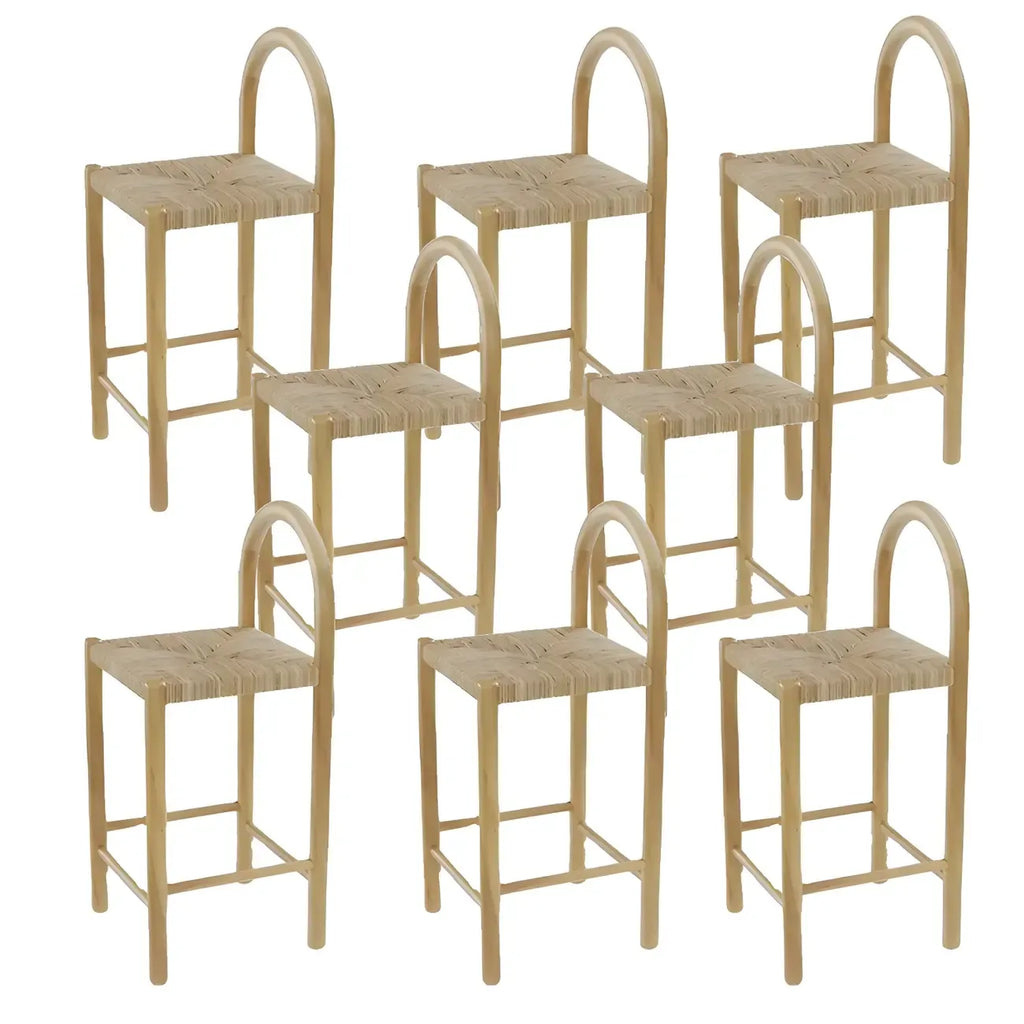 Rustic Wood Natural Rattan Bar Stool with Footrest