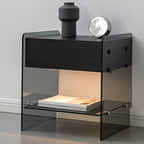 Black 2-Tier Glass Shelf Drawer Storage Narrow Nightstand