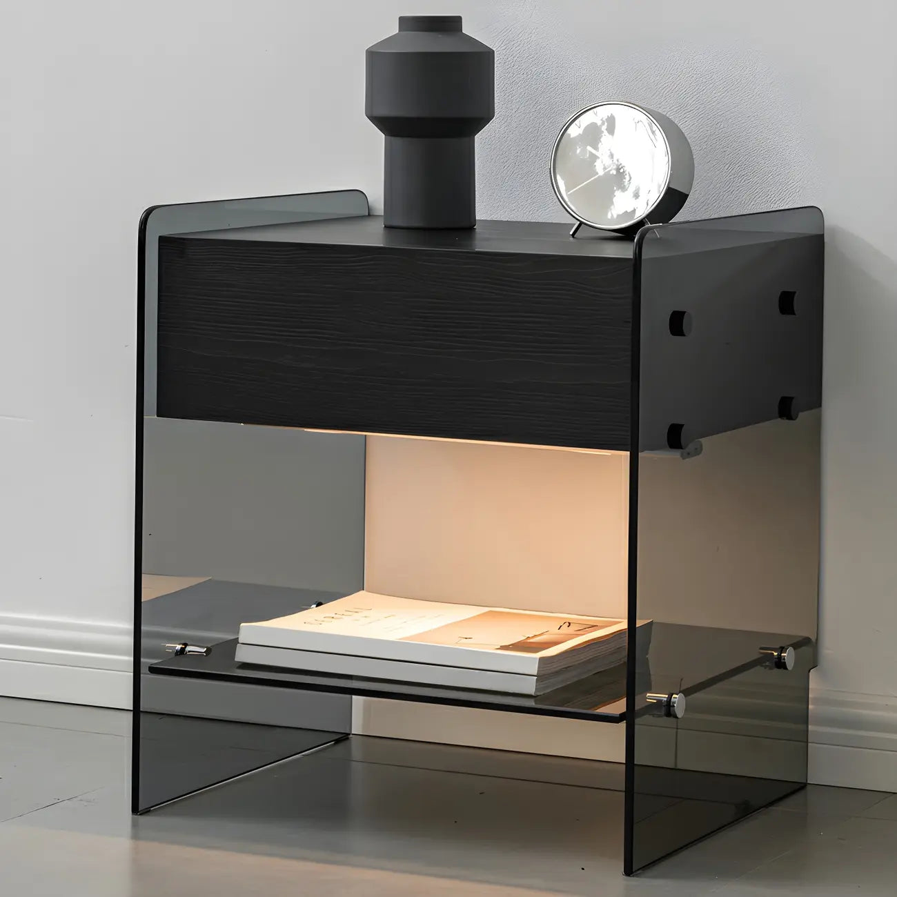 Black 2-Tier Glass Shelf Drawer Storage Narrow Nightstand